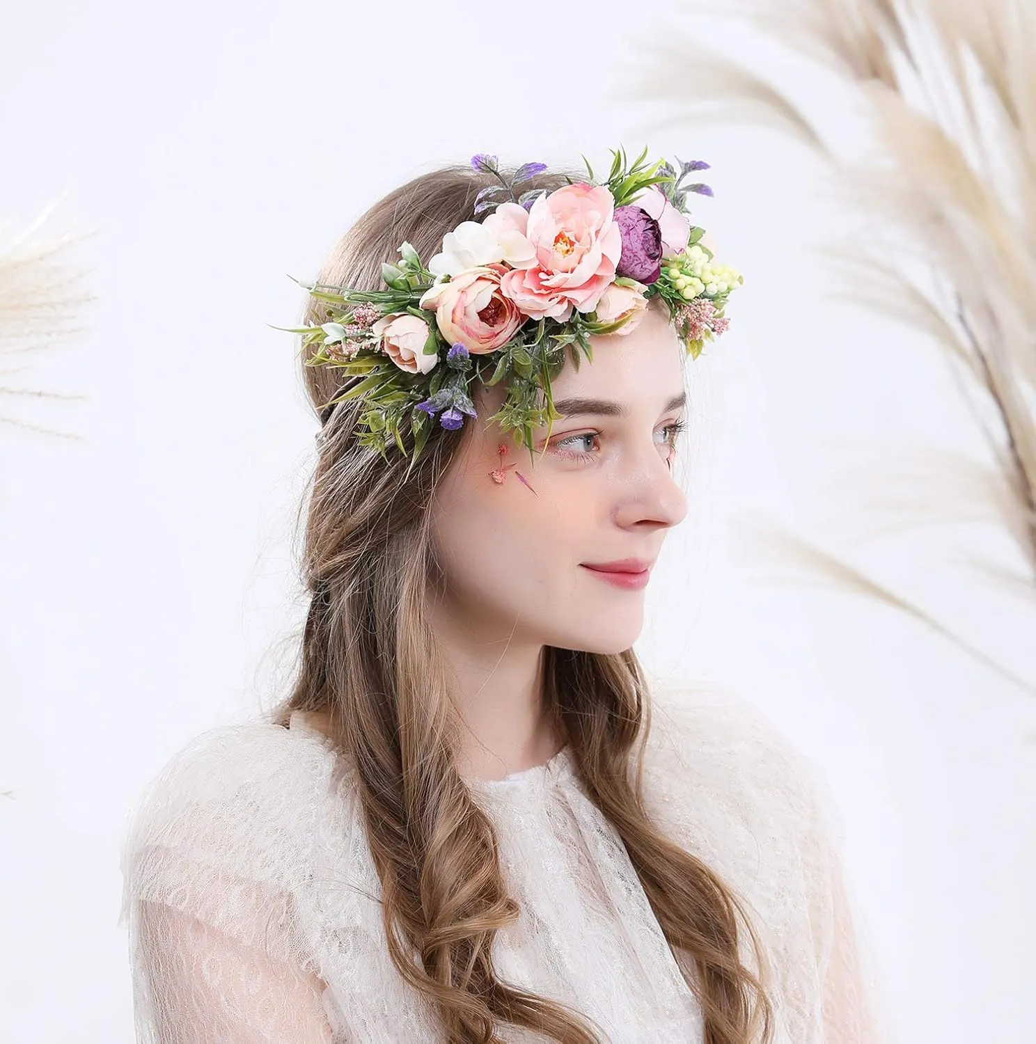 Women Floral Crown Boho Flower Headband Hair Wreath Floral Halo Headpiece with Ribbon Wedding Party Festival Photos