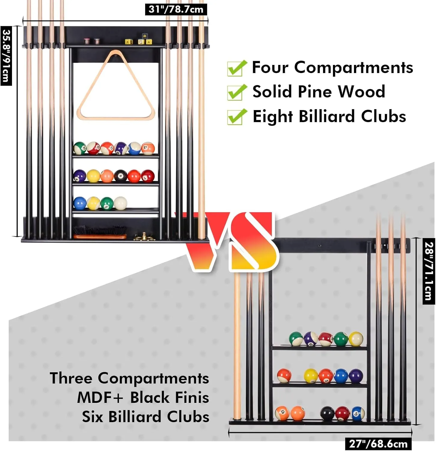 XCSOURCE Pool Stick Holder, Pool Cue Rack Wall Mount, 8 Pool Cue Holder Wall Billiard Cue Rack, Made of 100% Solid Pine Wood, Pool Table Accessories for Billiard Room or Club (Cue Rack Only)