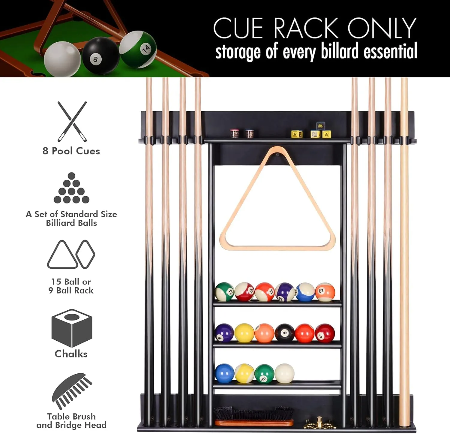 XCSOURCE Pool Stick Holder, Pool Cue Rack Wall Mount, 8 Pool Cue Holder Wall Billiard Cue Rack, Made of 100% Solid Pine Wood, Pool Table Accessories for Billiard Room or Club (Cue Rack Only)