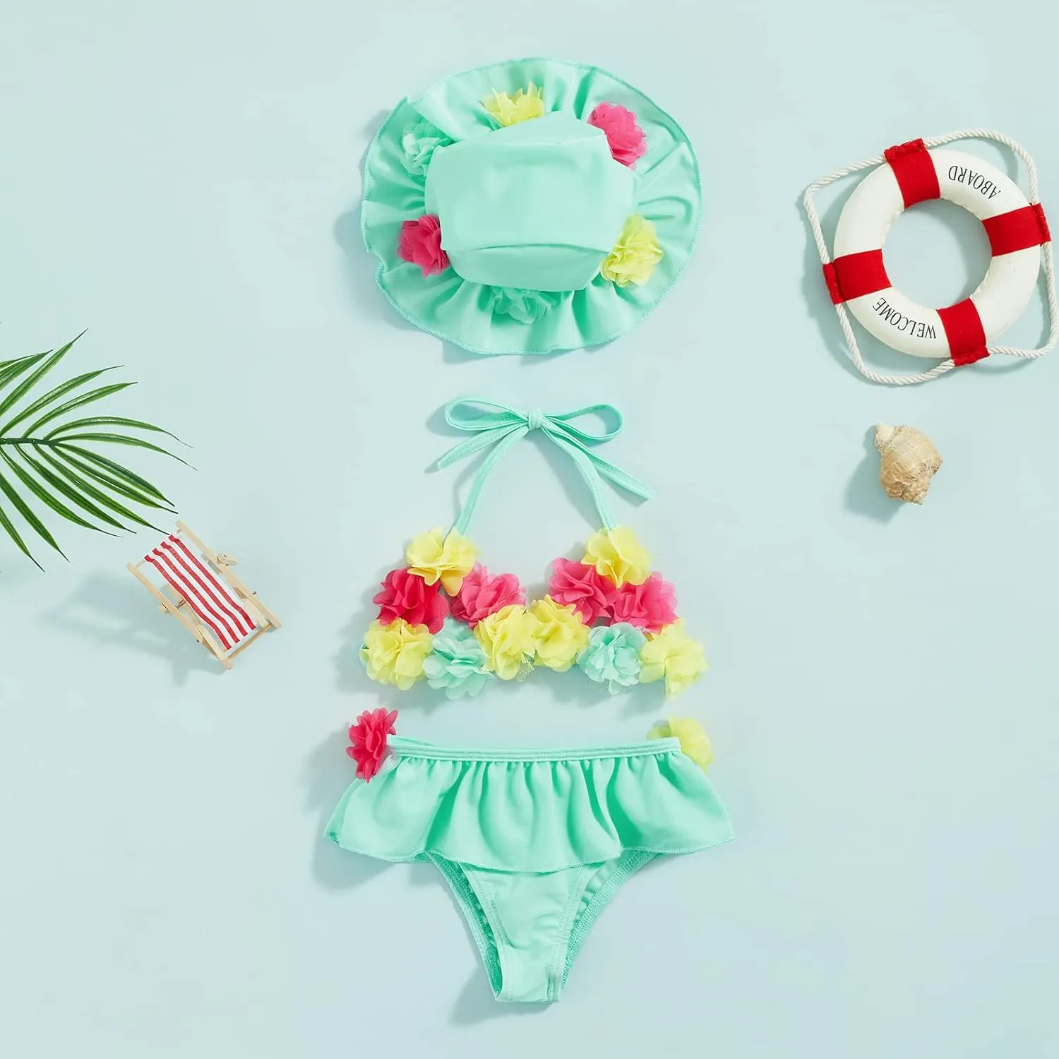 Yccutest Infant Baby Girl Flower Swimsuit 3Pcs Halter Triangle Tops Ruffle Bottoms Sun Hat Bikini Set Bathing Suit Swimwear