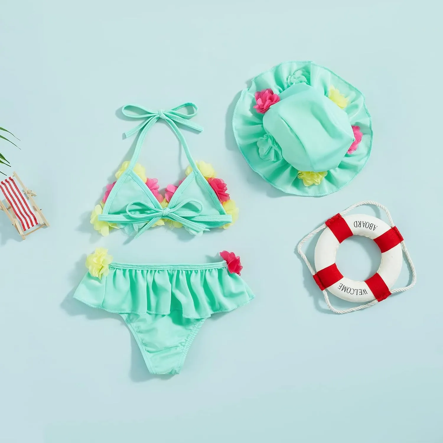 Yccutest Infant Baby Girl Flower Swimsuit 3Pcs Halter Triangle Tops Ruffle Bottoms Sun Hat Bikini Set Bathing Suit Swimwear