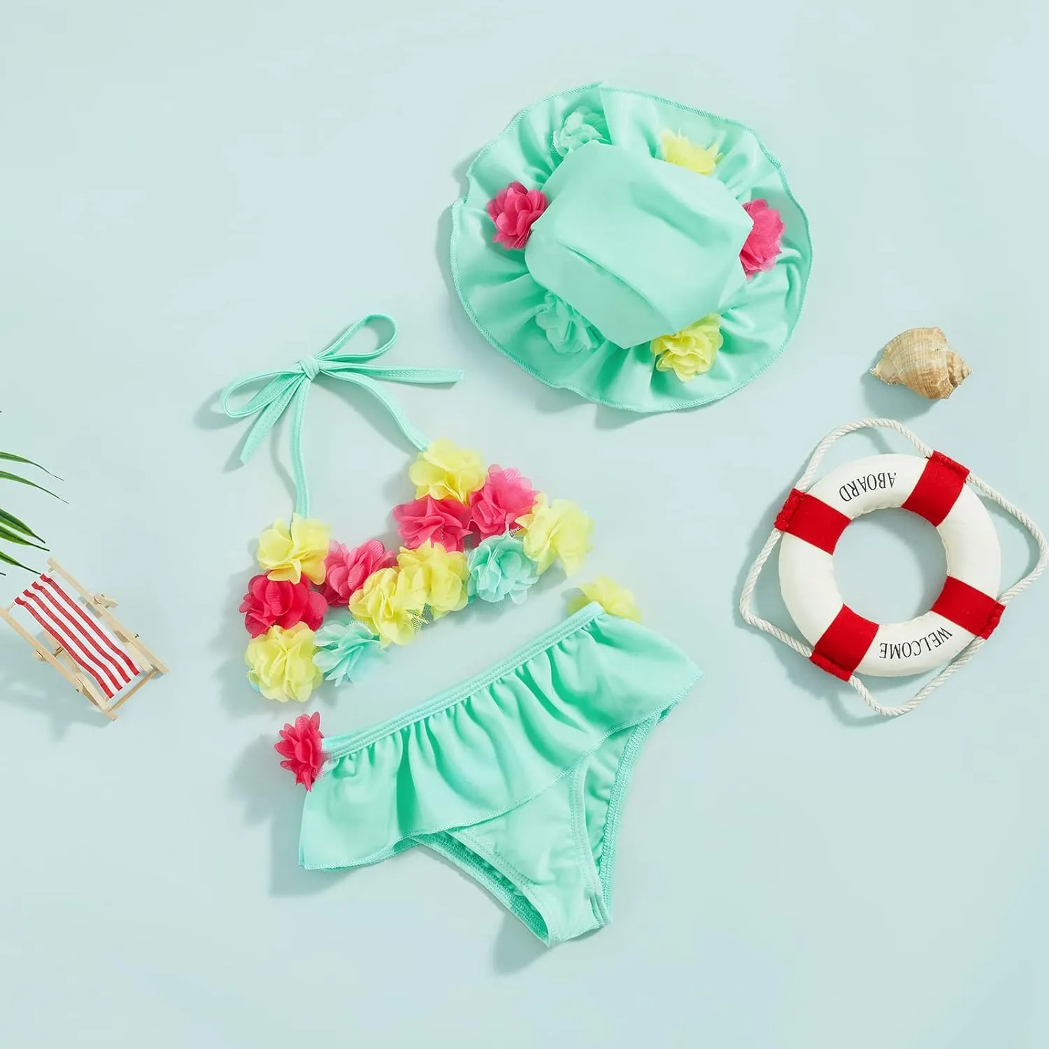 Yccutest Infant Baby Girl Flower Swimsuit 3Pcs Halter Triangle Tops Ruffle Bottoms Sun Hat Bikini Set Bathing Suit Swimwear
